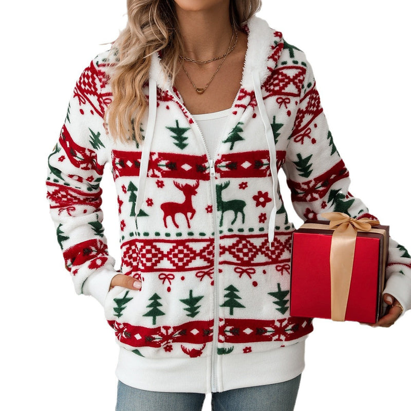Women's Cozy Hooded Sweater with Festive Motif