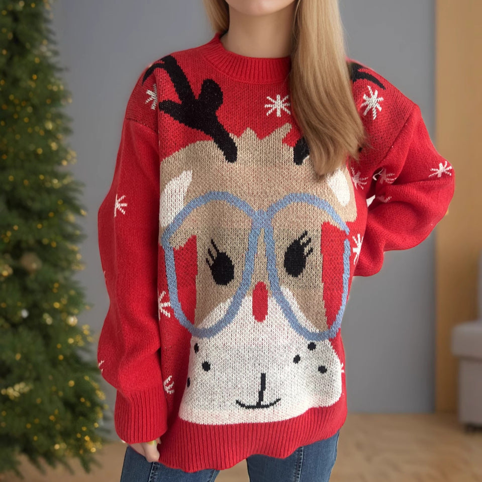 Women's Festive Sweater with Christmas Reindeer Motif and Relaxed Fit R&B