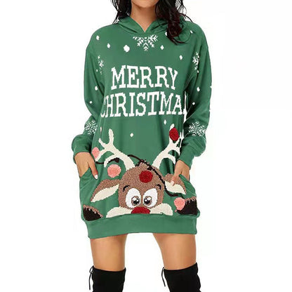 Women's Christmas Hooded Dress with Eye-Catching Reindeer Motif R&B