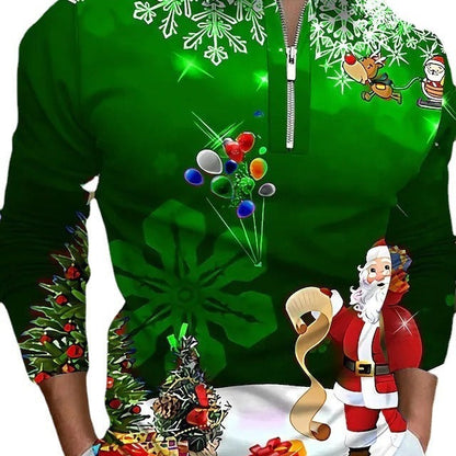 Men's Christmas Long-Sleeve Shirt with Festive Graphic Design and Practical Zipper R&B