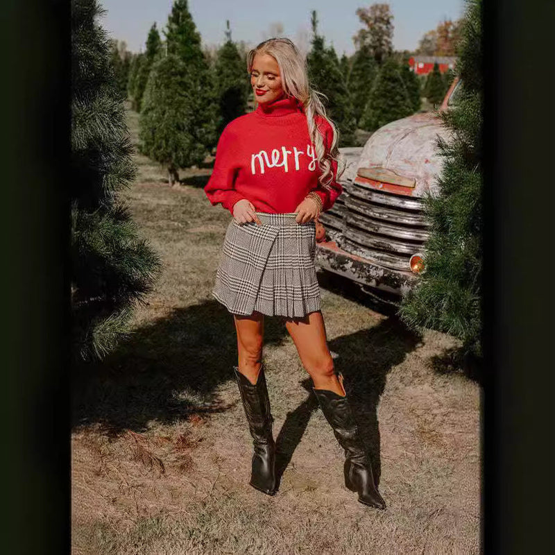 Women's Turtleneck Sweater with Fun Christmas Motif R&B
