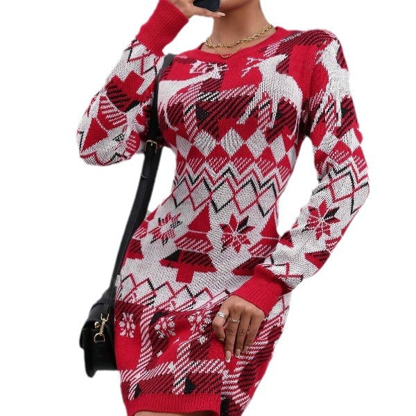 Women's Knit Dress with Festive Pattern and Crew Neck