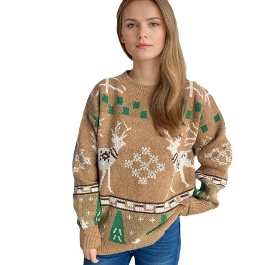 Women's Patterned Christmas Sweater with Festive Reindeer Design and Oversized Cut