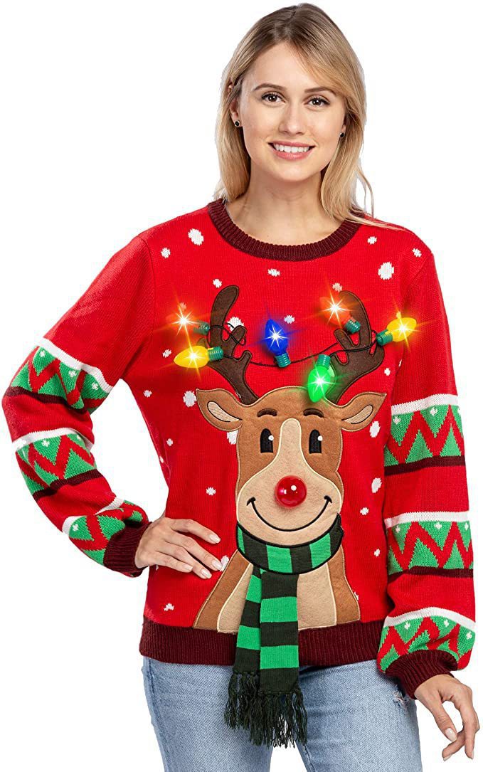Women's Christmas Knit Sweater with Reindeer Appliqué, Built-In Fairy Lights and 3D Pom-Pom Nose R&B