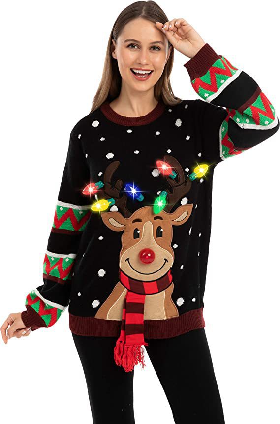 Women's Christmas Knit Sweater with Reindeer Appliqué, Built-In Fairy Lights and 3D Pom-Pom Nose