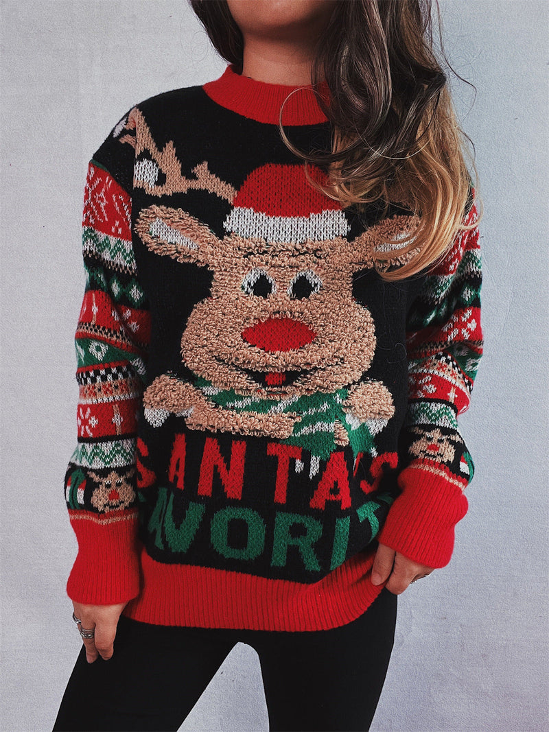 Women's Christmas Sweater with Festive Reindeer Motif and Colorful Knit Details