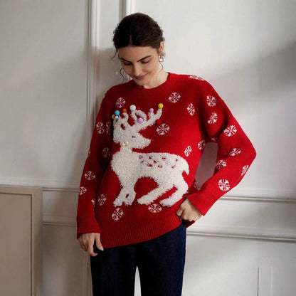 Women's Cozy Christmas Sweater with 3D Reindeer Motif and Colorful Decor