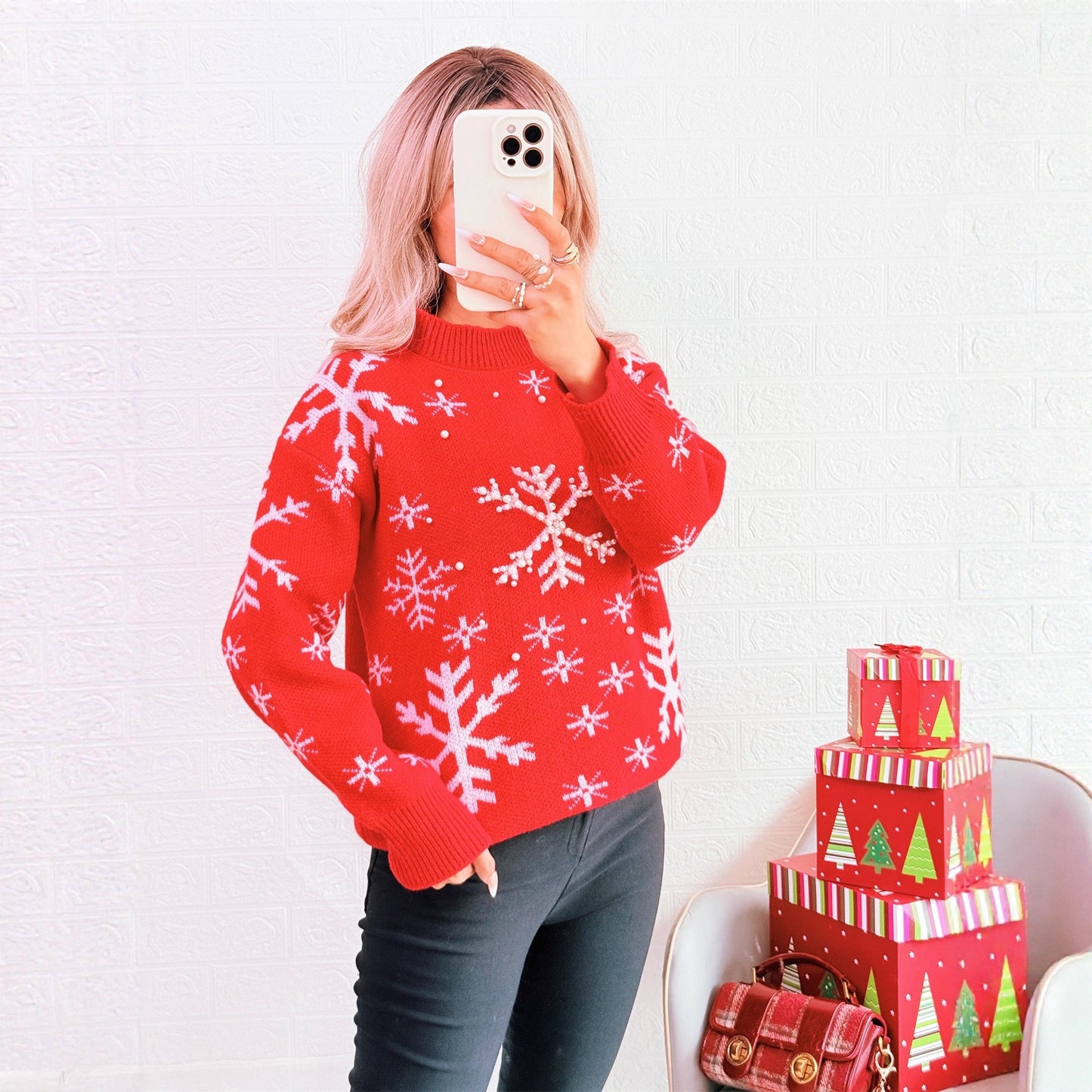 Women's Christmas Sweater with Festive Snow Pattern and High Collar
