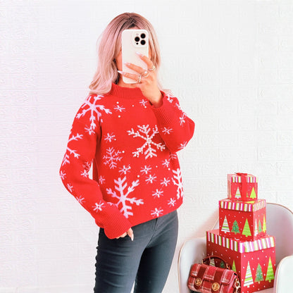 Women's Christmas Sweater with Festive Snow Pattern and High Collar