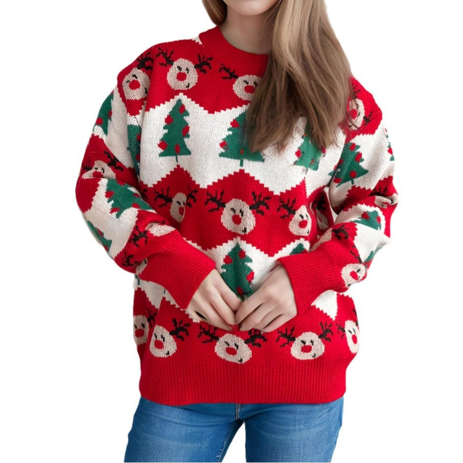Women's Christmas Sweater with Festive Reindeer and Christmas Tree Motif R&B