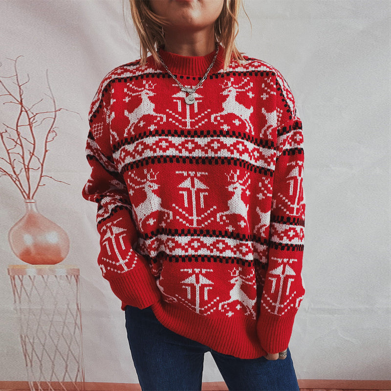 Women's Christmas Sweater in Festive Norwegian Pattern with Crew Neck