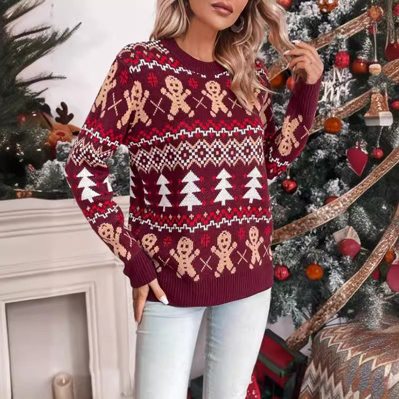 Women's Festive Christmas Sweater with Playful Gingerbread Motif and Classic Crew Neck