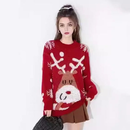 Women's Festive Knit Sweater with Reindeer Motif and Snowflakes R&B