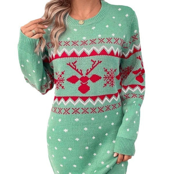 Women's Festive Knit Dress with Christmas Motif and Crew Neck