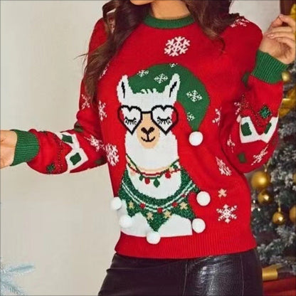 Women's Christmas Sweater with Playful Llama Motif and Decorative Pom-Poms