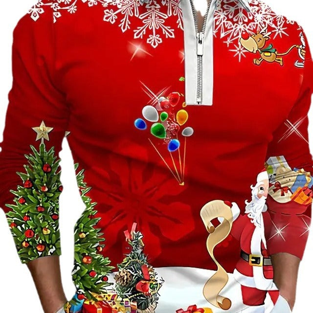 Men's Christmas Long-Sleeve Shirt with Festive Graphic Design and Practical Zipper R&B