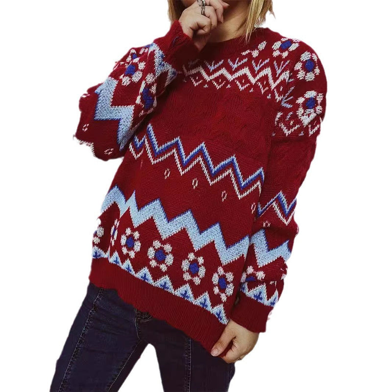 Women's Festive Knit Sweater with Nordic Pattern R&B
