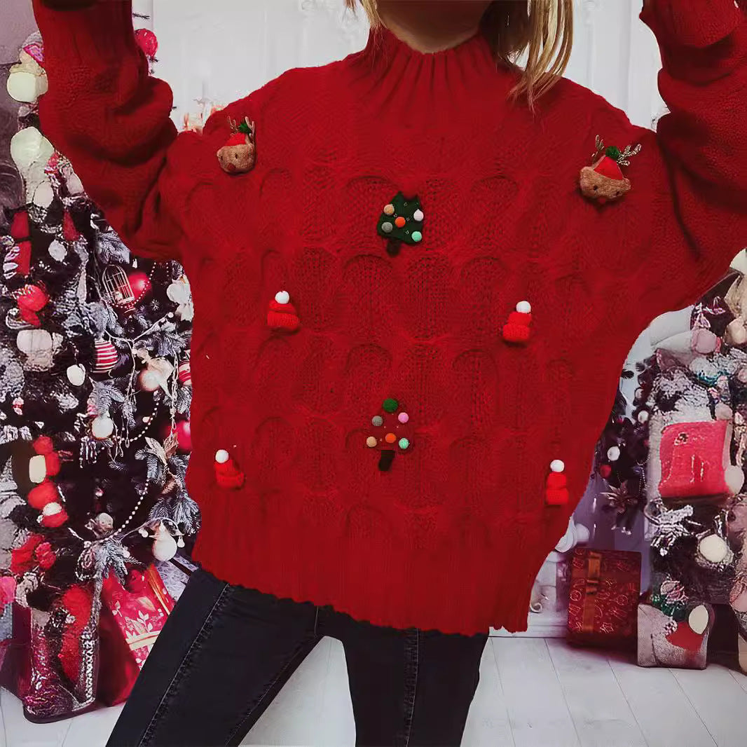 Women's Winter Sweater with Festive Motif and Textured Knit