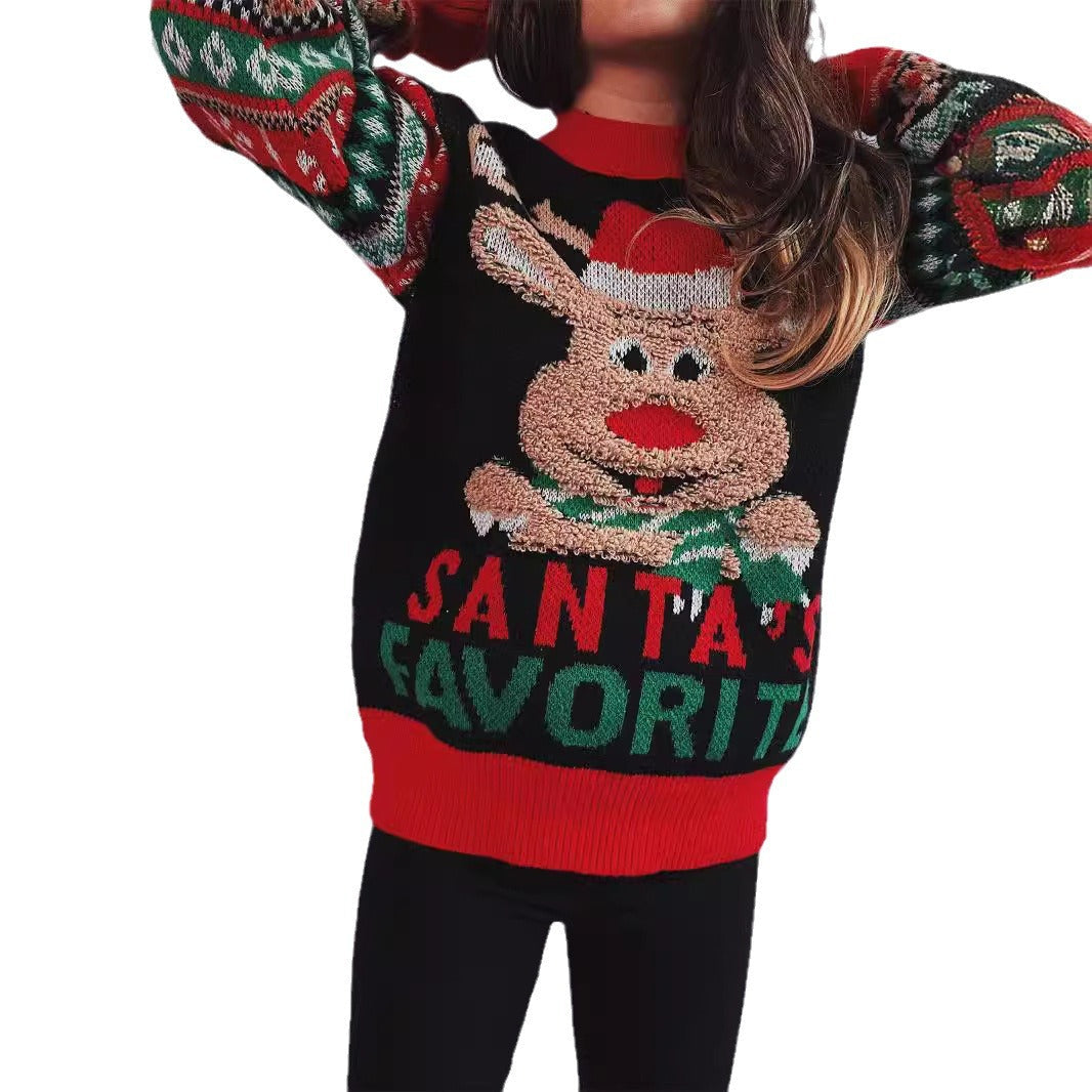 Women's Christmas Sweater with Festive Reindeer Motif and Colorful Knit Details