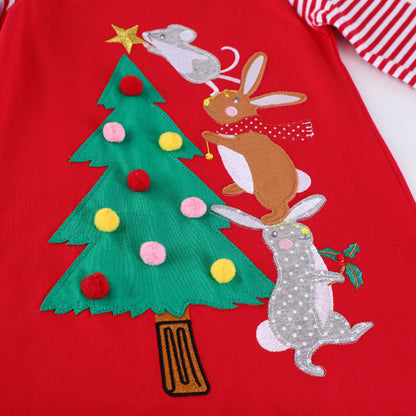 Girls' Cotton Dress with Festive Animal and Christmas Tree Design