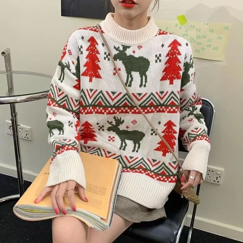 Women's Chunky Knit Sweater with Festive Reindeer Motif and Crew Neck R&B