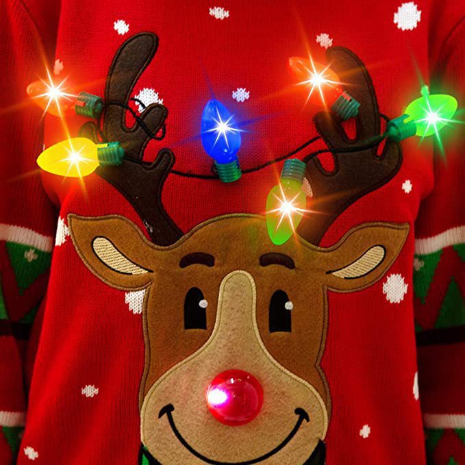 Women's Christmas Knit Sweater with Reindeer Appliqué, Built-In Fairy Lights and 3D Pom-Pom Nose