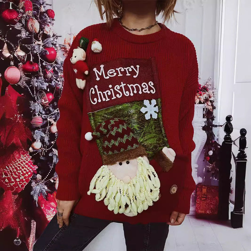 Women's Christmas Sweater with Festive Design and 3D Appliqués