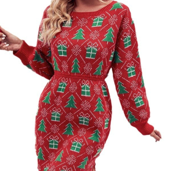 Women's Knit Dress with Festive Christmas Motif and Wide Crew Neck