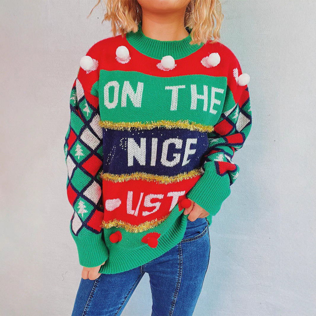 Women's Christmas Sweater with Three-Dimensional Motifs and Glittering Accents