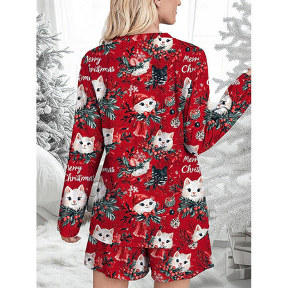 Women's Funny Christmas Pajama Set with Cat Motif R&B