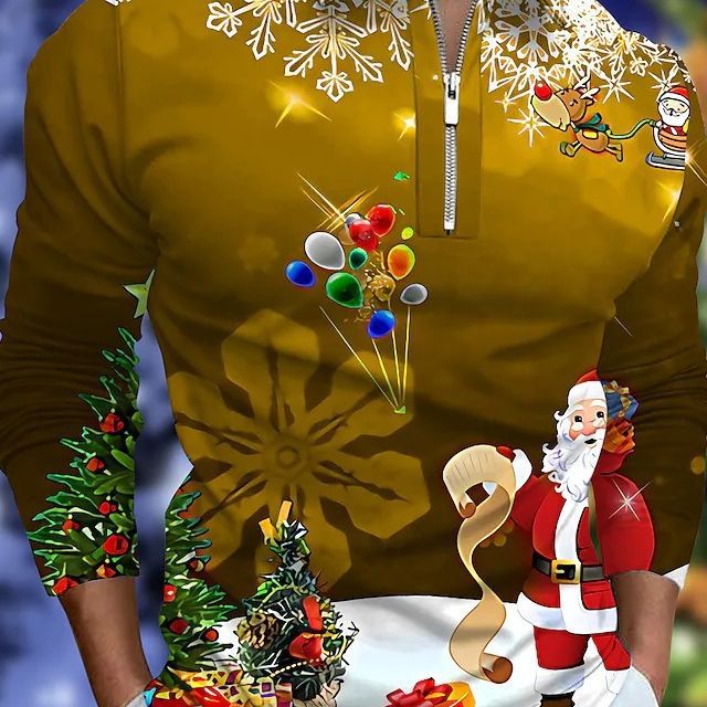 Men's Christmas Long-Sleeve Shirt with Festive Graphic Design and Practical Zipper R&B