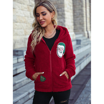 Women's Cozy Christmas Jacket with Hood and Festive Print