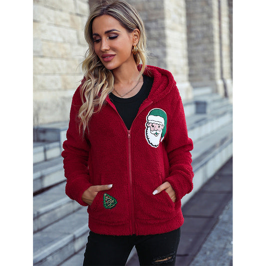 Women's Cozy Christmas Jacket with Hood and Festive Print