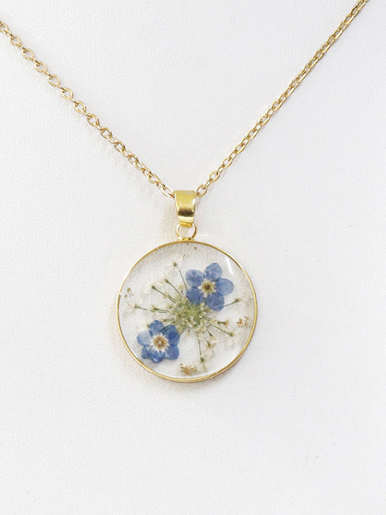 Real Dried Forget-me-not Flower Pendant Necklace