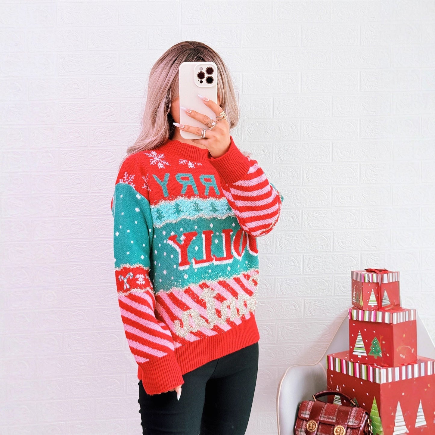 Women's Festive Knit Sweater with Creative Christmas Design R&B