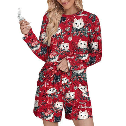 Women's Funny Christmas Pajama Set with Cat Motif R&B