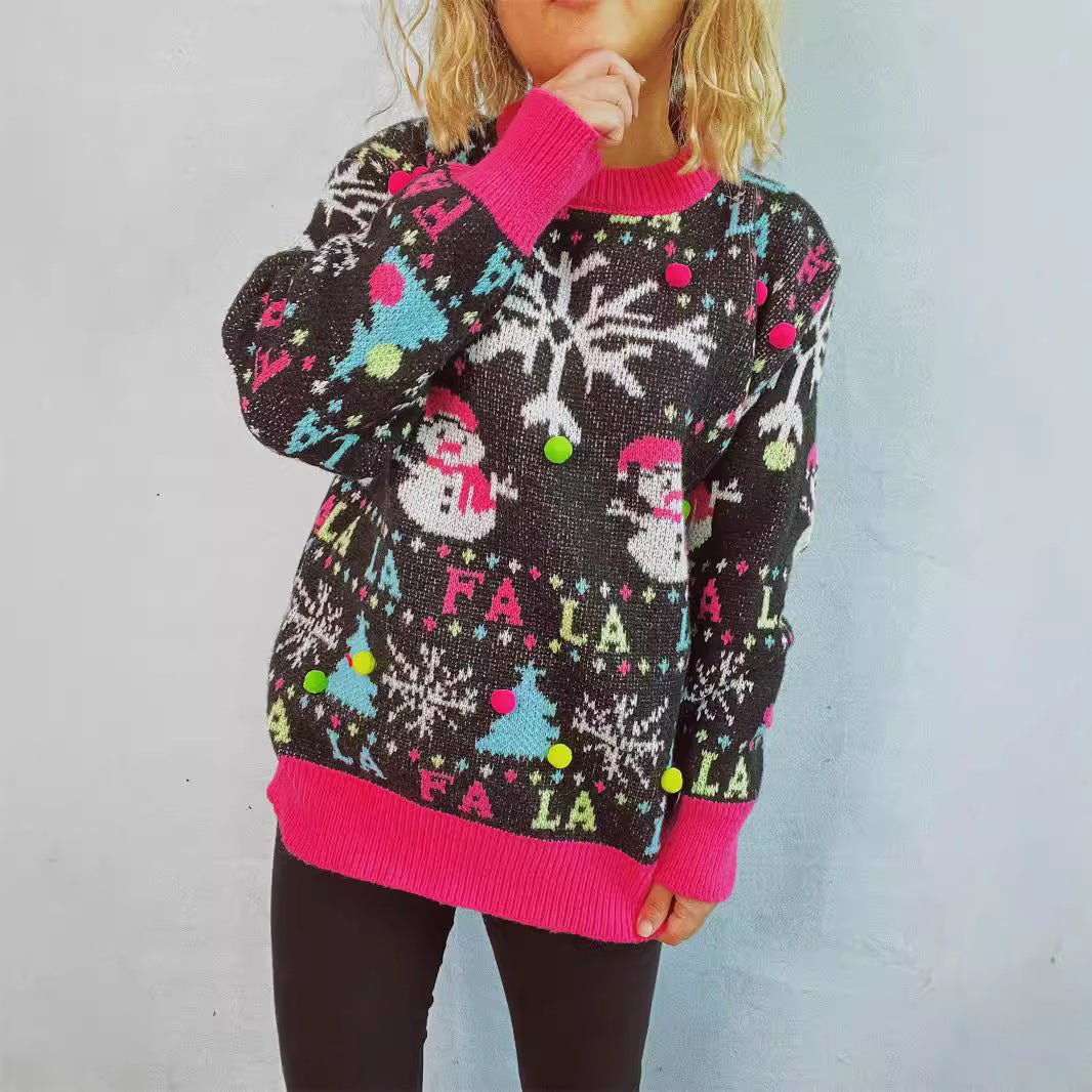 Women's Christmas Sweater with Colorful Appliqués and Festive Design