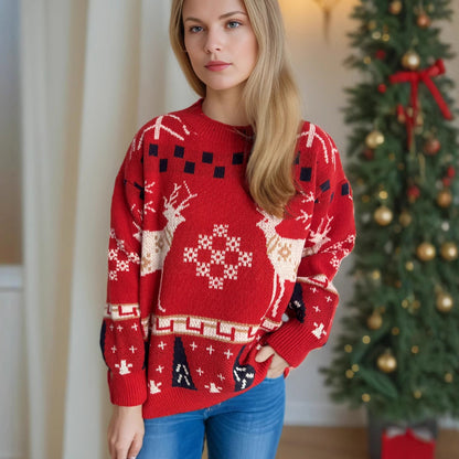 Women's Patterned Christmas Sweater with Festive Reindeer Design and Oversized Cut