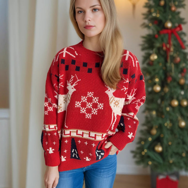 Women's Patterned Christmas Sweater with Festive Reindeer Design and Oversized Cut