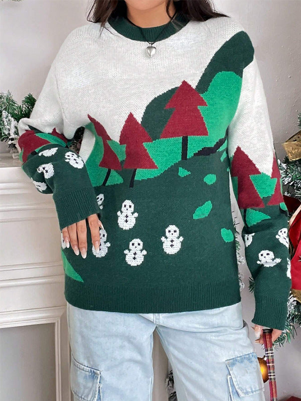 Women's Christmas Sweater with Festive Snow Motif and High Collar