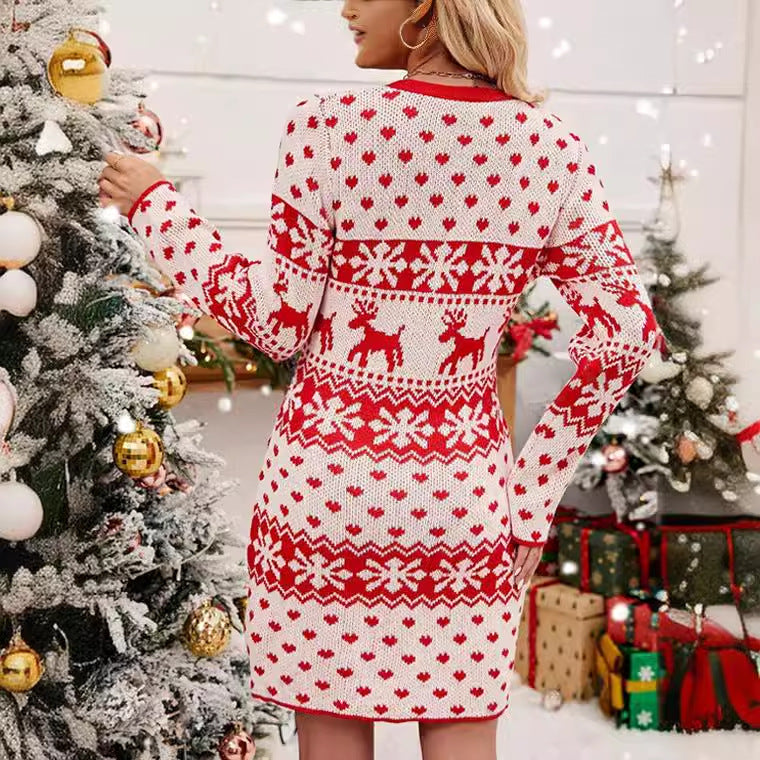 Women's Comfortable Knit Dress in Scandinavian Style with Festive Reindeer Motif