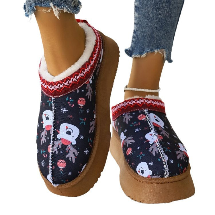 Women's Lined Platform Slippers with Christmas Print and Faux Fur Collar