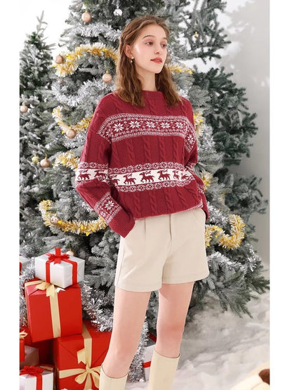 Women's Chunky Knit Sweater with Christmas Pattern and Casual Cut