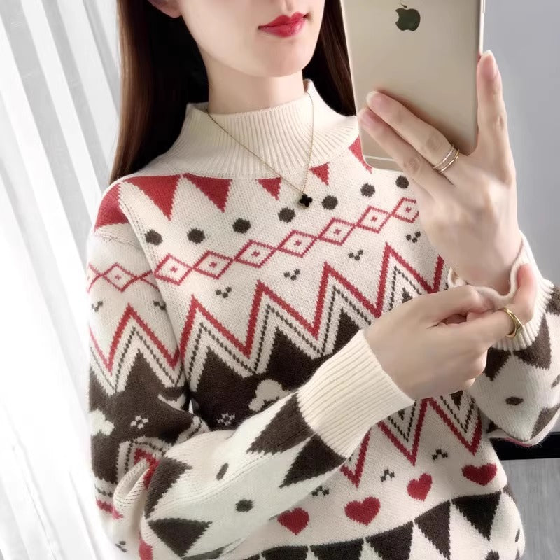 Women's Festive Knit Sweater in Modern Christmas Design with Geometric Pattern and Comfortable Crew Neck R&B