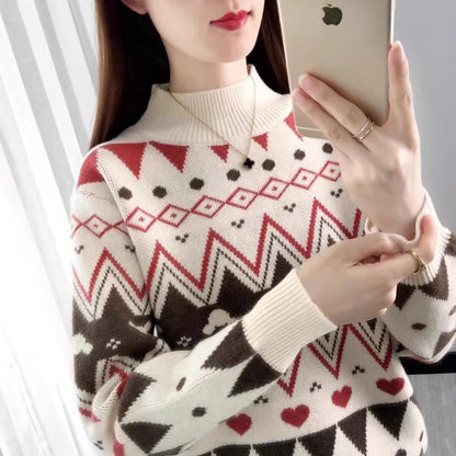 Women's Festive Knit Sweater in Modern Christmas Design with Geometric Pattern and Comfortable Crew Neck R&B