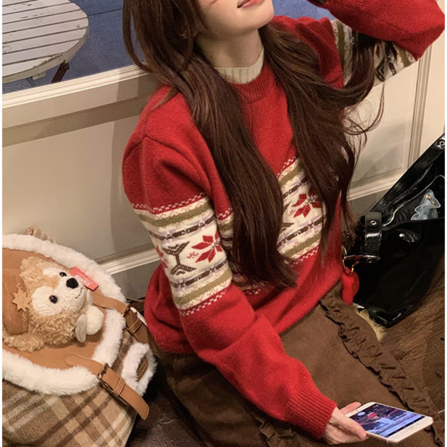 Women's Cozy Knit Sweater with Festive Pattern Mix