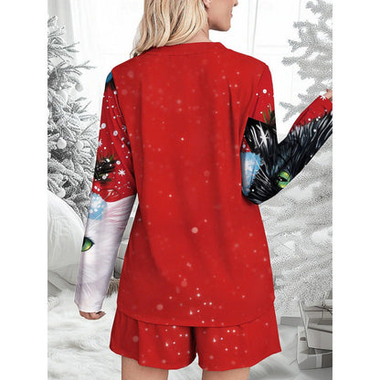 Women's Funny Christmas Pajama Set with Cat Motif R&B