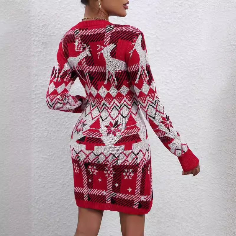 Women's Knit Dress with Festive Pattern and Crew Neck