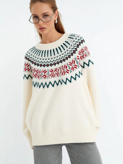 Women's Knit Sweater with Festive Norwegian Motif and Wide Cut R&B