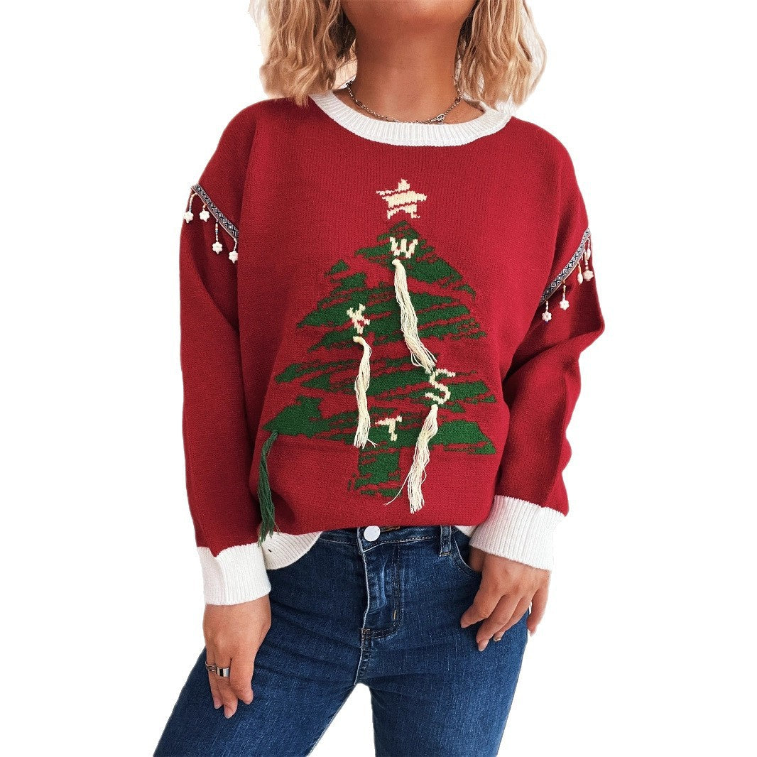 Women's Christmas Sweater with Festive Tree Motif and Elegant Details